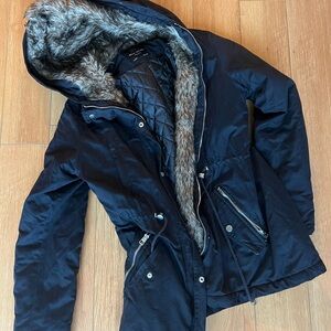 Black Hooded Jacket with Faux Fur Lining